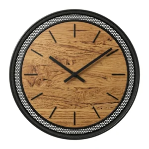 Devar Industrial Round Wall Clock – Natural Bamboo Face with Black Metal Mesh