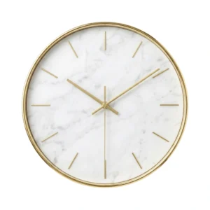Devar Modern Minimalist Carrara Marble Wall Clock – Round Gold Rim & Indices