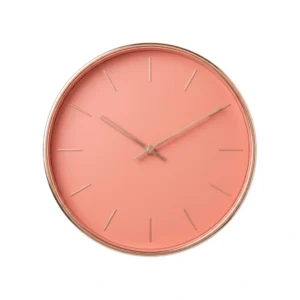 Devar Modern Minimalist Round Wall Clock – Soft Coral Pink & Rose Gold Rim